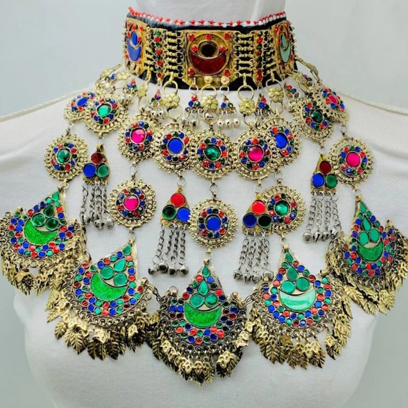 Tribal Necklace, Oversized Kuchi Necklace With Dangling Pendants, - Picture 1 of 9